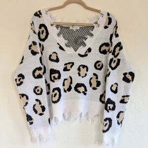 White Leopard Cotton Blend V-Neck Distressed Sweater Thrashed BOHO Western Y2K